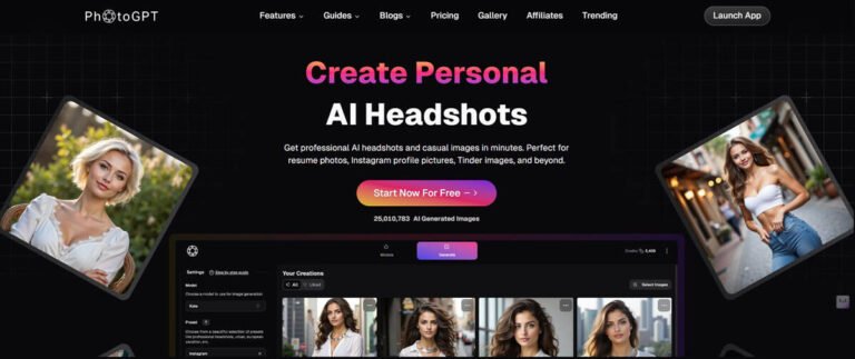 AI headshot generator landing page screenshot with features.